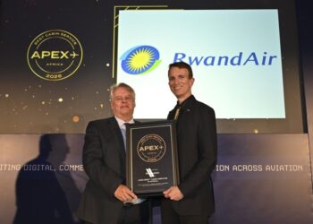 RwandAir celebrates winning the Best Cabin Service in Africa honor at the 2026 APEX Awards