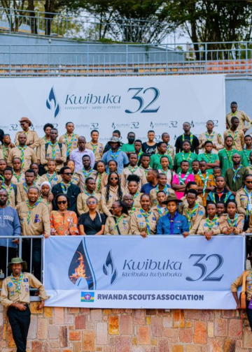 Young members of the Rwanda Scouts Association lay wreaths during a genocide commemoration event.