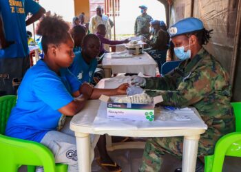 Rwandan peacekeepers providing free medical care to inmates at Bossembele Prison in Central African Republic