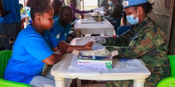 Rwandan peacekeepers providing free medical care to inmates at Bossembele Prison in Central African Republic