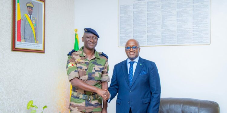Foreign Ministers Abdoulaye Diop and Olivier Nduhungirehe discussing Rwanda and Mali security cooperation in Bamako.